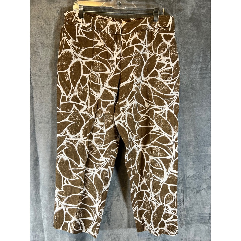 Rafaella Linen Pants 14 Brown White Leaf Print Cropped Wide Leg Summer Trousers